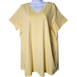 Woman Within Butter Yellow 100% Cotton V-Neck Short Sleeve Tee Shirt L 18/20